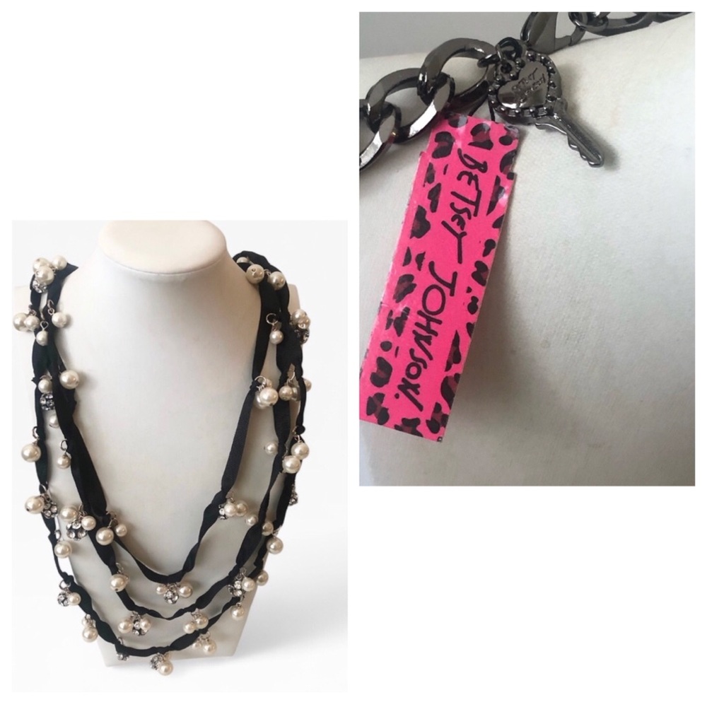 NWT Betsey Johnson Ribbon Faux Pearl Necklace Vintage Deadstock 30 INCHES